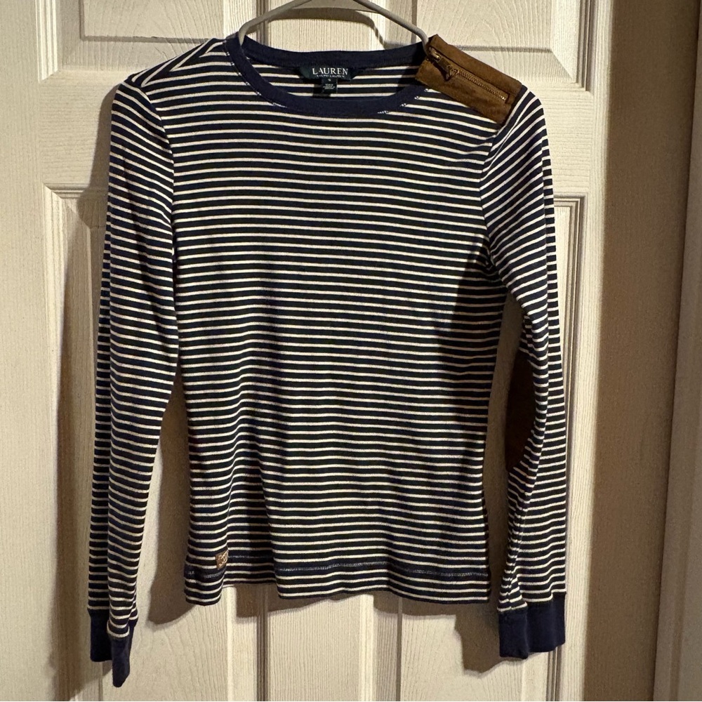 Lauren Ralph Lauren Womens Top Stripe Zip Suede Elbow Patch Long Size Small Prep